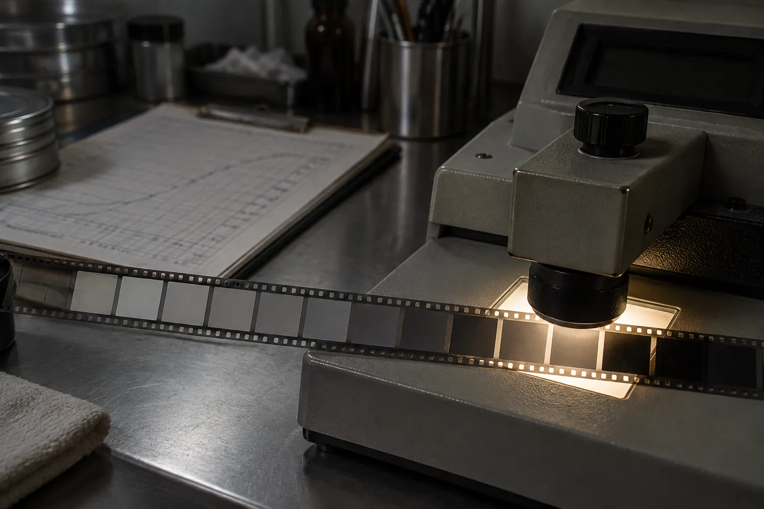 A film strip of grey density steps under the reading head of a densitometer on a lab bench.