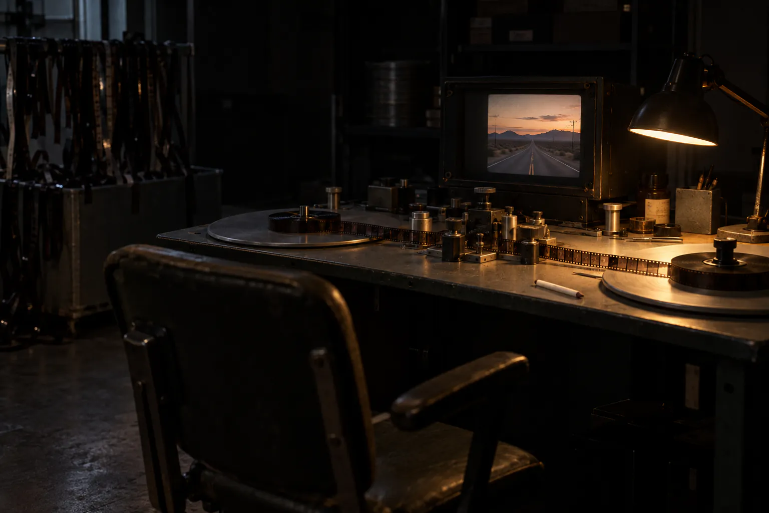 An empty chair pushed back from a flatbed editing table at night, one frame of a desert road stopped on its screen.