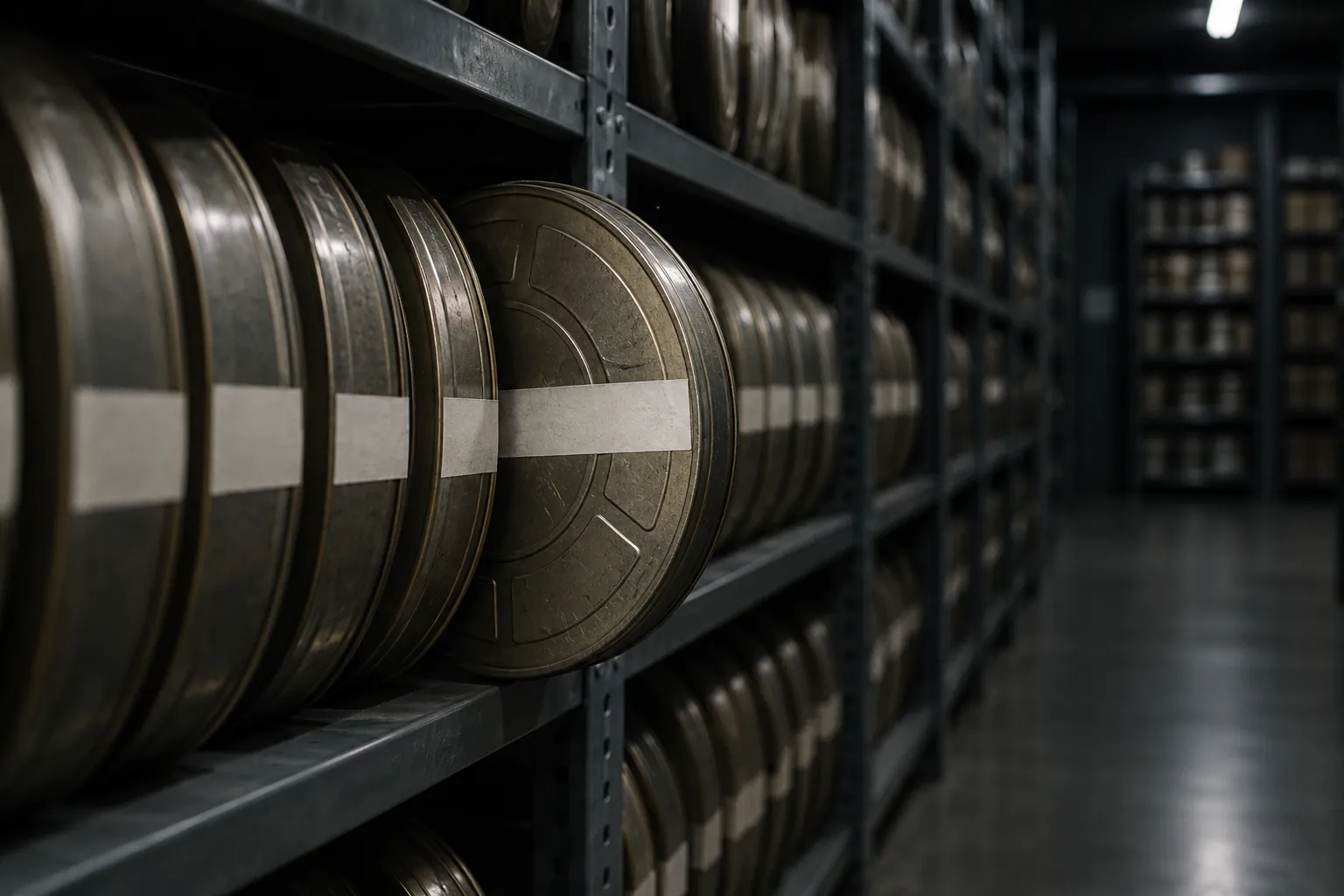 Rows of taped film cans on steel shelves in a vault, one can pulled forward.